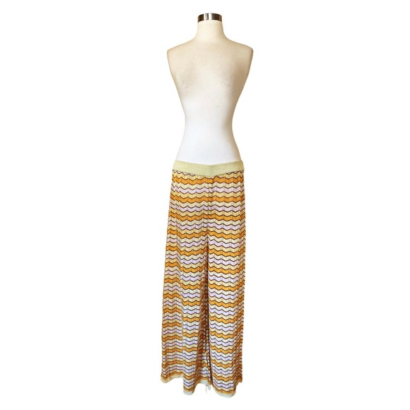 MANGO Knit Pants Chevron Wide Leg Pants Elastic Waist Gold Yellow Casual XL NEW - Picture 7 of 10